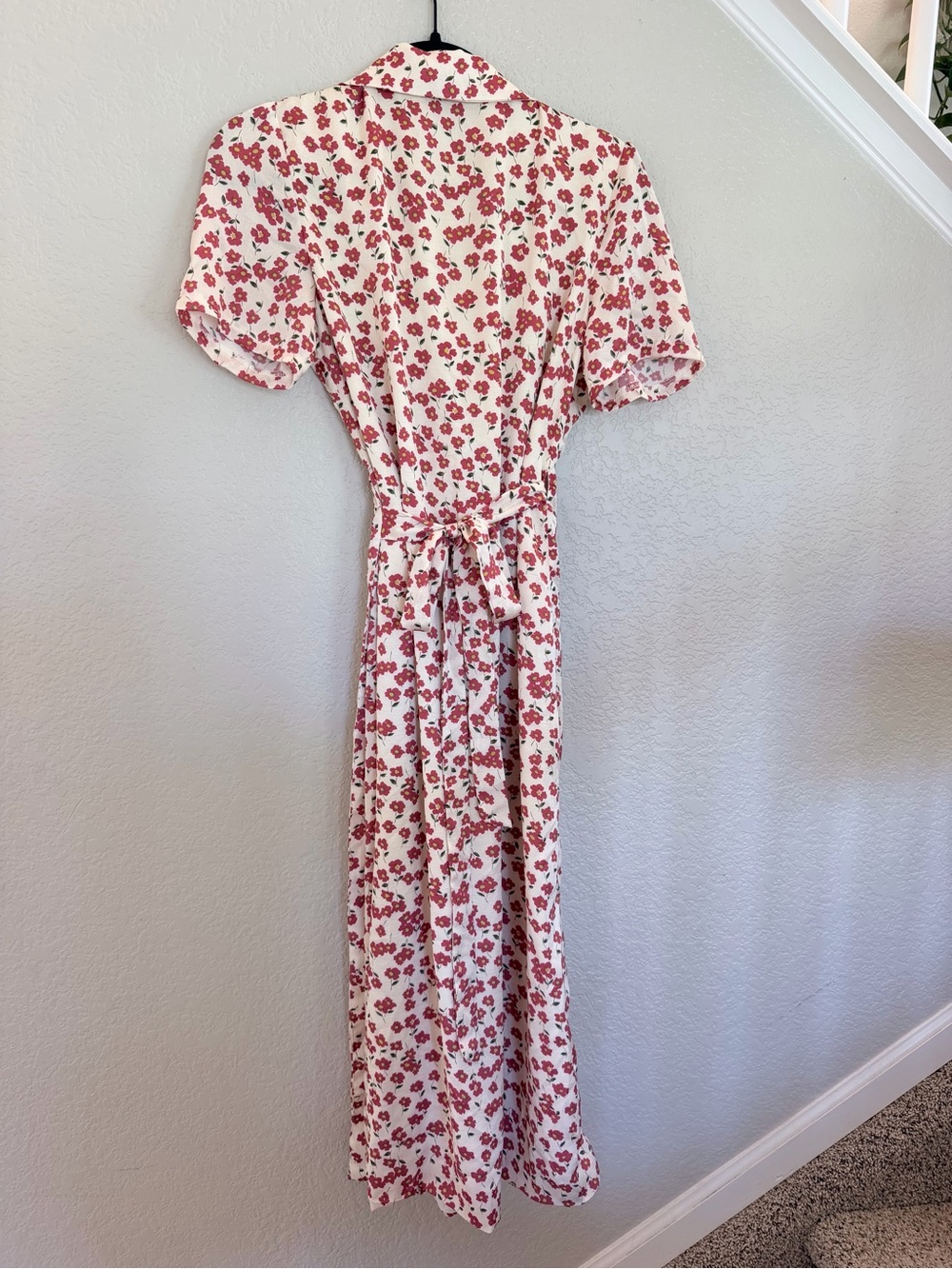 Cream & Red Ditsy Floral Wrap Midi Dress - Size small - Picture 4 of 7